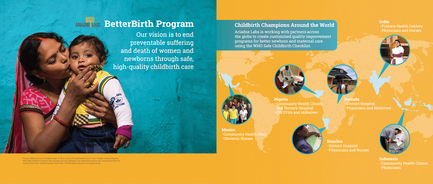 BetterBirth booth layout showing a mother and baby, and a world map